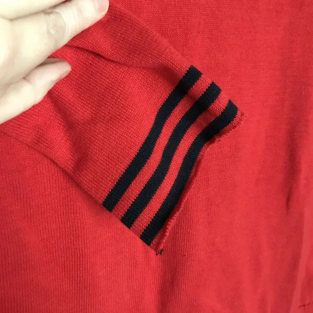 Nautica Red Sweater With Blue Stripes On Cuffs - Size Small - Shoulder Buttons